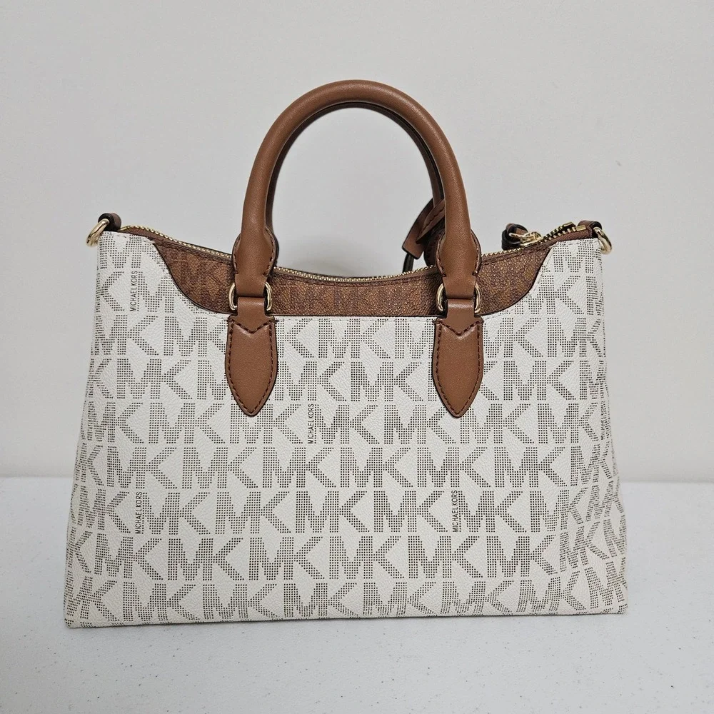 Michael Kors Austen Satchel Medium Vanilla Acorn Monogram Logo Designer Handbag*